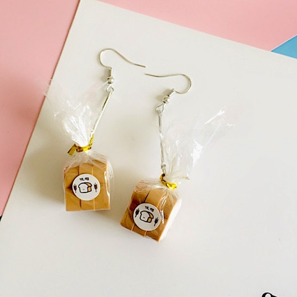 Bread earrings hanging silver novelty gift food